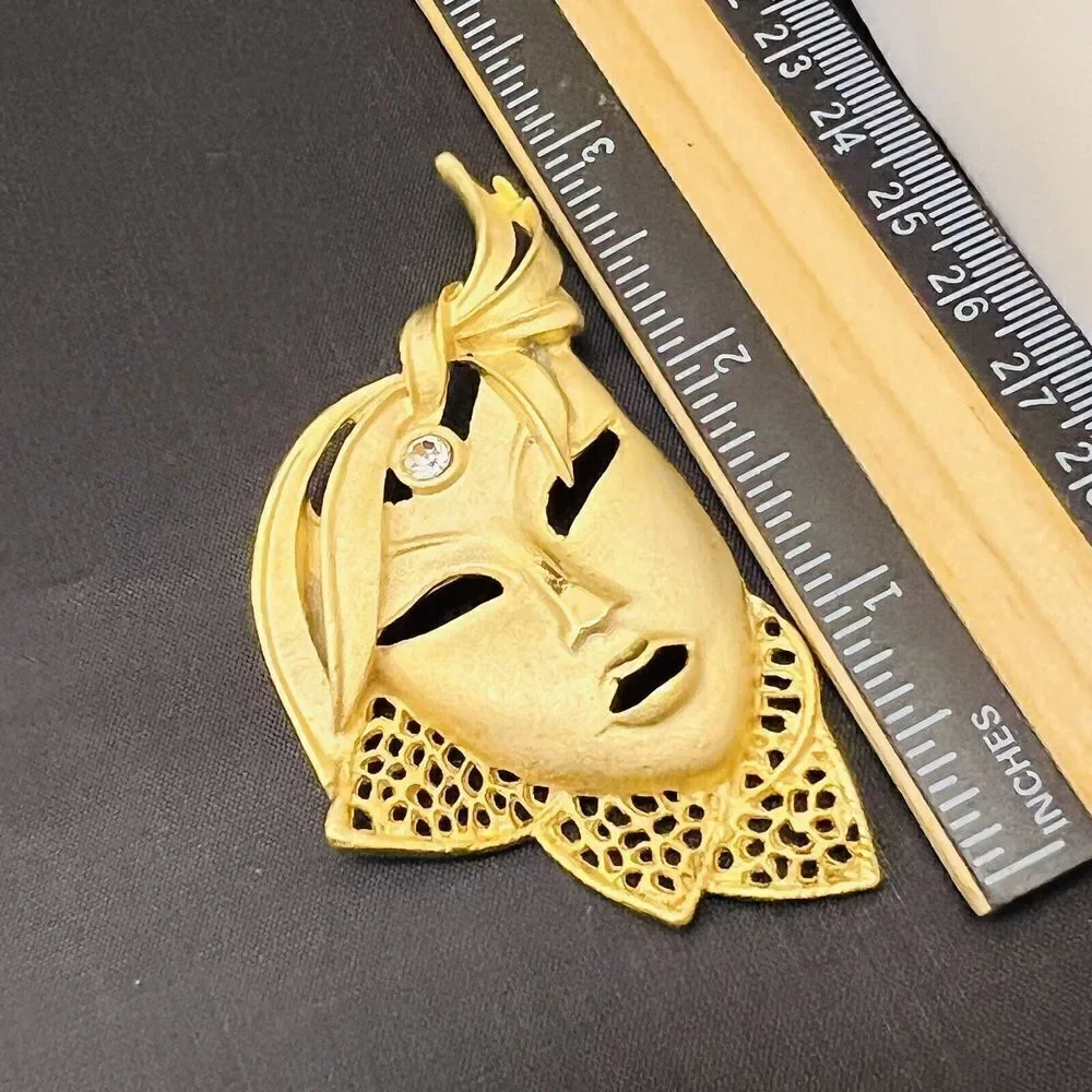 Vintage Lady Face Mask Gold Brooch Necklace Pendant Pin Art Deco Rhinestone 4089
